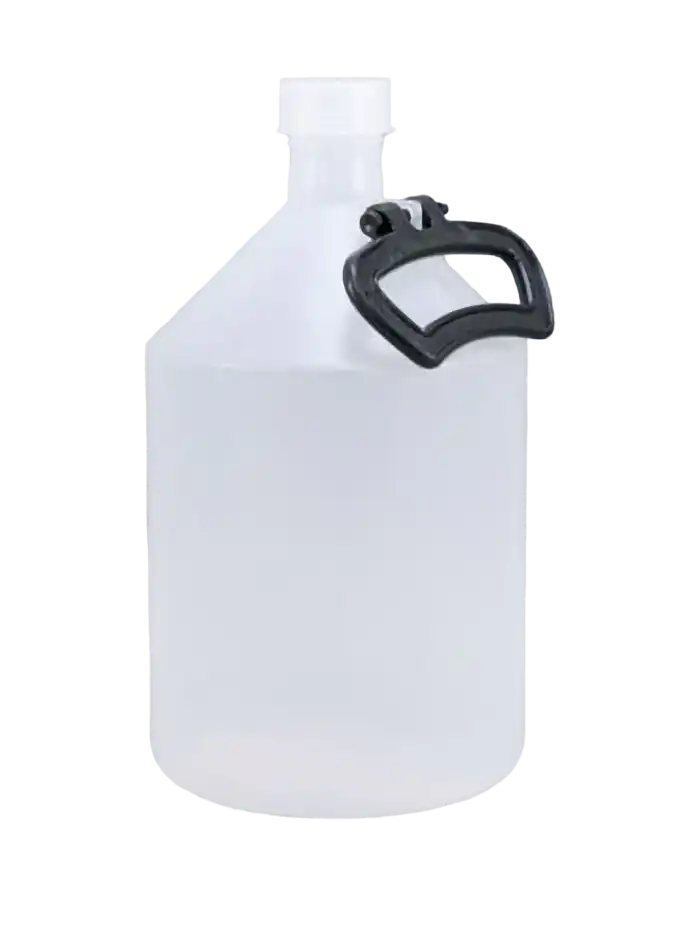 Bottle, P.P, Clear, with Handle, Screw P.P Cap, GL 45 Neck, Round Body, Non-Autoclavable, W/O Scale, Non-sterile, 178 mm Bottom Diameter, 315 mm Height, 5000 ml Volume