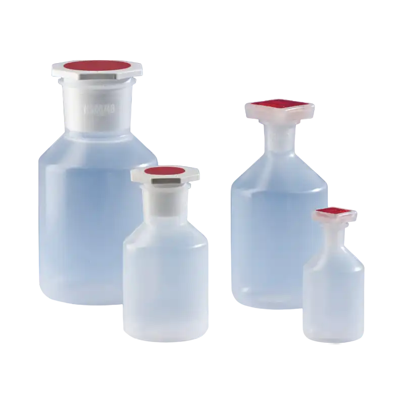 Bottle, P.P, Clear, P.P Conical Stopper, NS 14/23 Joint Neck, Round Body, Autoclavable, W/O Scale, Non-sterile, 52 mm Bottom Diameter, 106 mm Height, 100 ml Volume