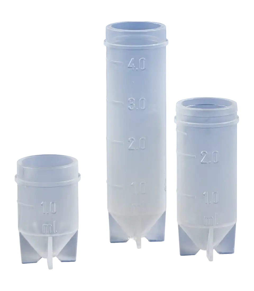 Autosampler Vials, PFA, W/O Cap, 24 mm Height, 14 mm Outer Diameter, Four-Footed Base, 1,5 ml Volume, Embossed Scale, 1 ml Subdivision